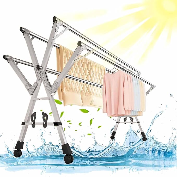 5Poles Clothes Drying Rack,Stainless Steel Laundry Rack with Wheels, Blanket Rack Clothesline, Extendable,with Windproof Hooks,for Indoor Outdoor