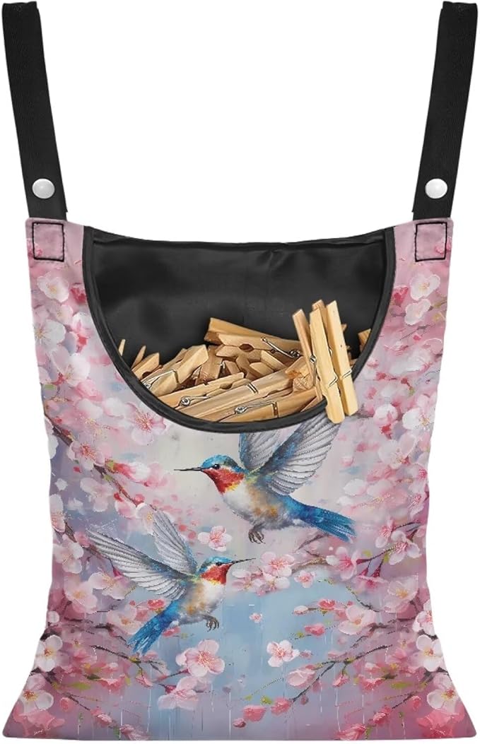 Hummingbird Clothespin Bag with Hanging Hook Cherry Blossom Clothes Pin Holder Waterproof Clothespin Storage Organizer with Large Opening Clothespin Bag for Clothesline Outdoor