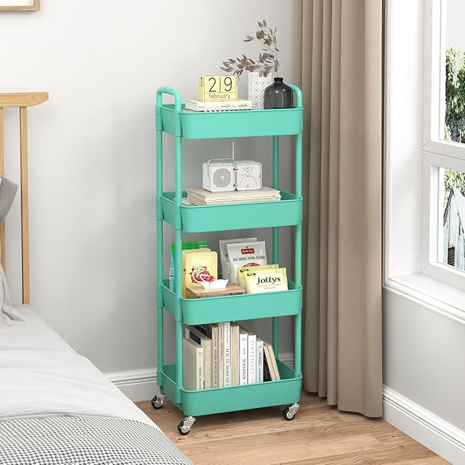 Sywhitta 4-Tier Plastic Rolling Utility Cart with Handle, Multi-Functional Storage Trolley for Office, Living Room, Kitchen, Movable Storage Organizer with Wheels, Green