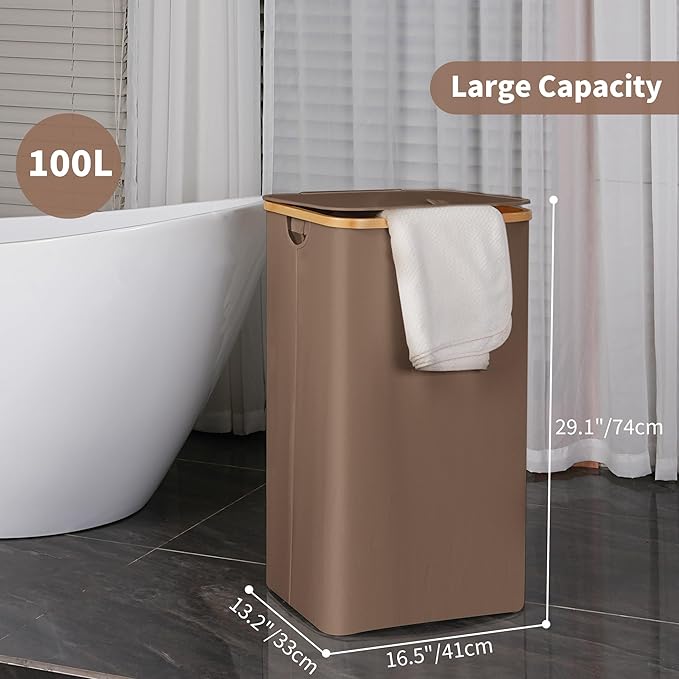 26 Gal Laundry Basket with Lid and Net Bag, Tall Laundry Hamper with Bamboo Handles, Aesthetic Dirty Clothes Bin for Laundry Room, Bathroom, Bedroom and Dorm, Brown
