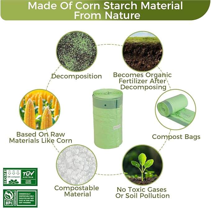 3 Gallon Compostable Trash Bags Drawstring, Heavy Duty Extra Thick 1 Mil, 11.36 Liter, 50 Bags, Small Kitchen Food Scrap Waste Bag, ASTM D6400, US BPI and OK Compost Home Certified