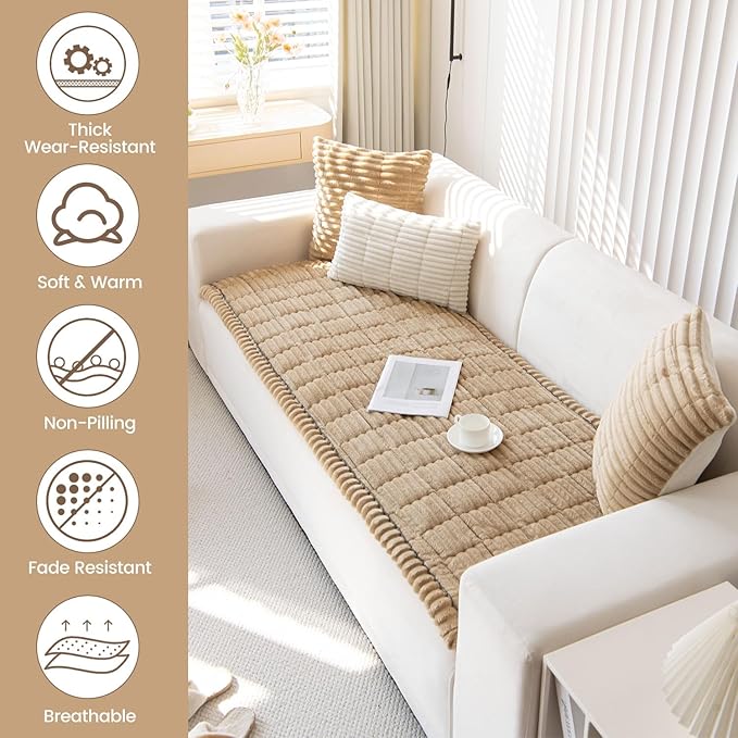 OTOB Couch Covers for Dogs Washable, Non Slip Plush Sofa Cover Kids Pet Friendly Furniture Protector, All Seasons Soft Cozy Fuzzy Sofa Slipcovers Dog Bed Mats (Coffee, 31.5" x 63.0'')