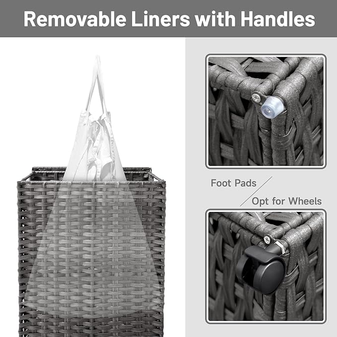 70L Slim Laundry Hamper with Lid & Wheels, 2-Park Rolling Laundry Basket with 4 Removable Liner Bags & 3 Mesh Bags, Narrow Dirty Clothes Basket, Foldable Handwoven Rattan Laundry Sorter, Grey