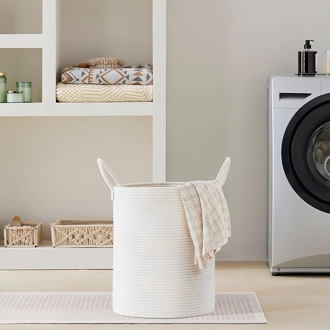 VIPOSCO Large Laundry Hamper, Tall Woven Rope Storage Basket for Blanket, Toys, Dirty Clothes in Living Room, Bathroom, Bedroom - 53L White