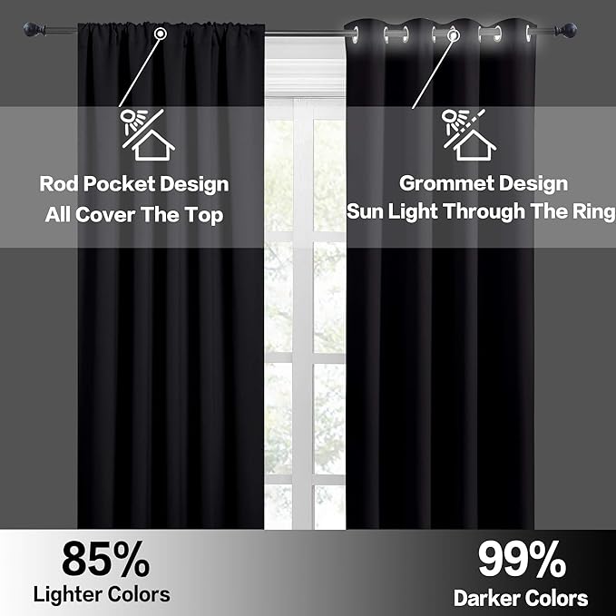 RYB HOME Large Curtains for Living Room 84 inches Length, Blackout Privacy Room Divider Curtains for Doorway Closet Basement Patio Door Bay Window, W 70 x L 84, Black, 2 Panels