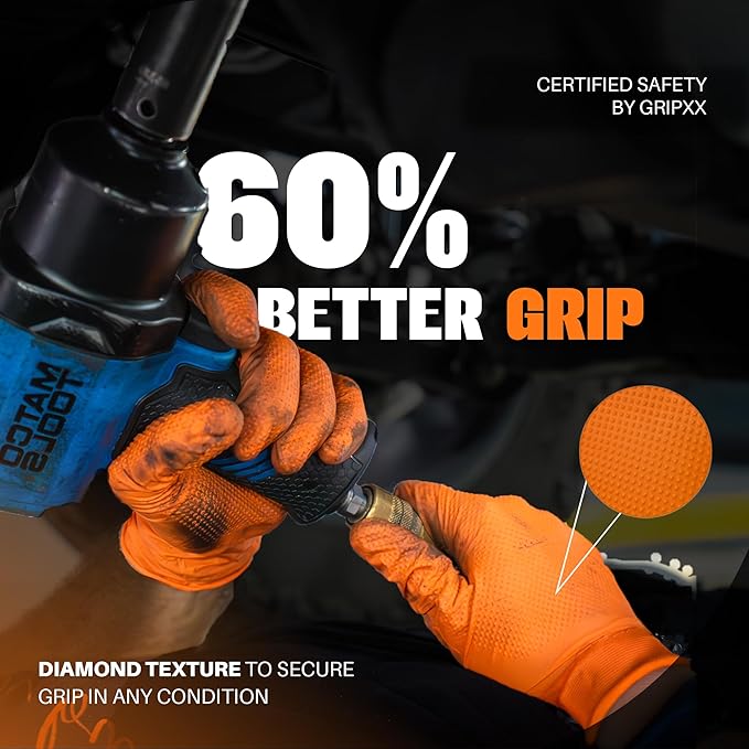 Herkules Grip Heavy Duty 8Mil Orange Nitrile Gloves,3D Raised Diamond Texture-Latex & Powder Free-Industrial, Mechanic