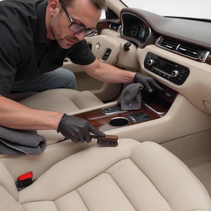 TAKAVU Leather & Upholstery Cleaning Brush Set, 100% Horse Hair Bristle, to Clean Car Seats & Leather Sofas, for Alcantara, Interiors, Furniture, Boots, Shoes, Bags and More