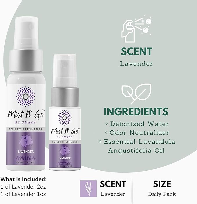 Mist N' Go by Omaze Travel Toilet Spray - Odor Eliminator & Air Freshener - Lavender Daily Pack (3oz x2)