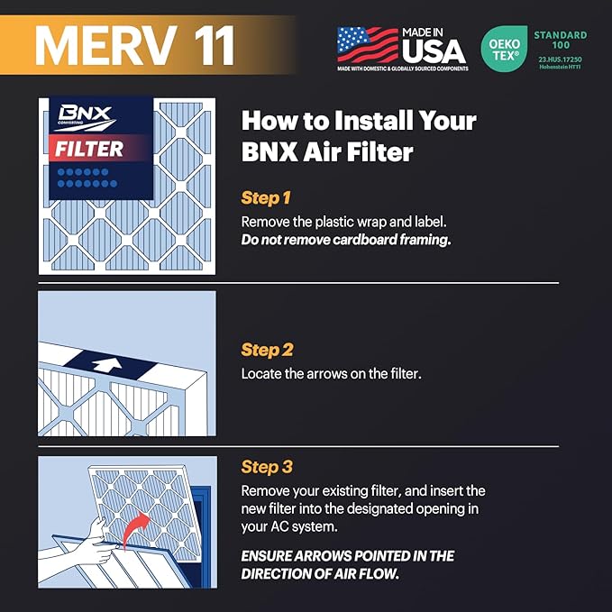 BNX TruFilter 12x12x1 Air Filter MERV 11 (6-Pack) - MADE IN USA - Allergen Defense Electrostatic Pleated Air Conditioner HVAC AC Furnace Filters for Allergies, Dust, Pet, Smoke, Allergy MPR 1200 FPR 7
