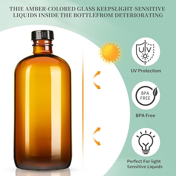 16oz Amber Glass Spray Bottles,4 Pack Glass Spray Bottles Refillable Empty Bottle with Adjustable Nozzle,Spray Bottle for Cleaning,Essential Oils,Cleaning,Pets,Plant, Hair Mister