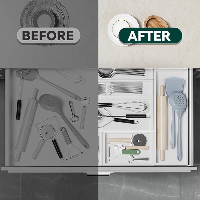 Kitchen Drawer Organizer - 2 Pack, Stackable Bamboo Drawer Organizers, Wooden Storage Box Tray for Cabinet, Pantry, Bathroom Countertop, Multi-use Organization and Storage (White)