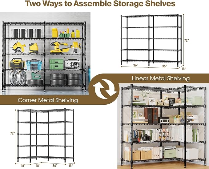 Himimi 72" W Wire Rack Shelving-2000LBS Capacity, Adjustable Storage Shelves Metal Shelves for Storage, 5-Tier Heavy Duty Wire Organizer for Kitchen, Garage, Pantry, 72" W x 18" D x 72" H, Black