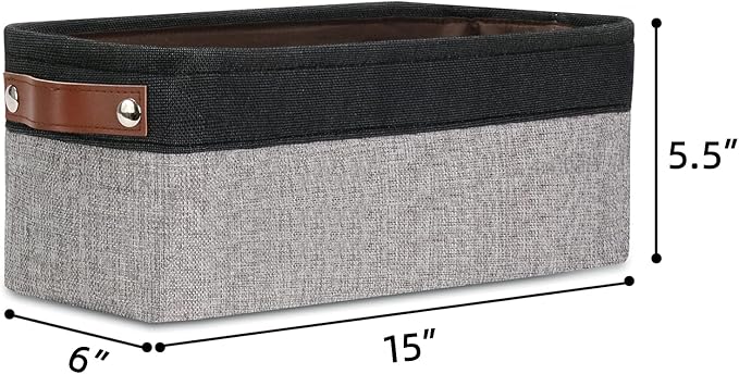 DULLEMELO Fabric Bathroom Storage Bin with Leather Handles, Narrow Organizer for Towels, Toilet Paper Rolls, Storage Basket for Back of Toilet, Vanities, Shelves & Cabinets (Black&Gray)