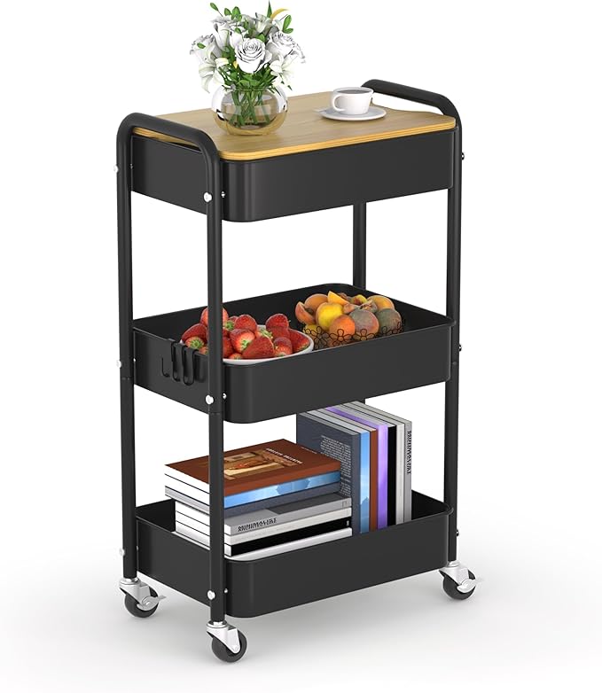3 Tier Metal Utility Cart, Rolling Storage Cart with Wooden Tabletop, Metal Organizer Cart with Lockable Wheels for Office, Bedroom, Kitchen and Living Room (Black)
