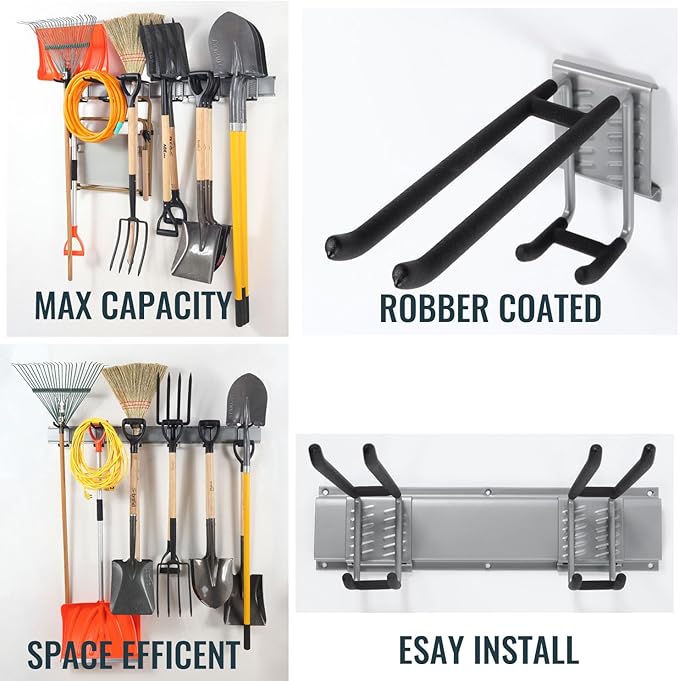 Wall Mount Tool Storage Rack, Garage Organization, Heavy Duty Garage Storage Tool Organizer, Garden Tool Wall Hooks and Hangers, Hold Up to 350lbs Grey
