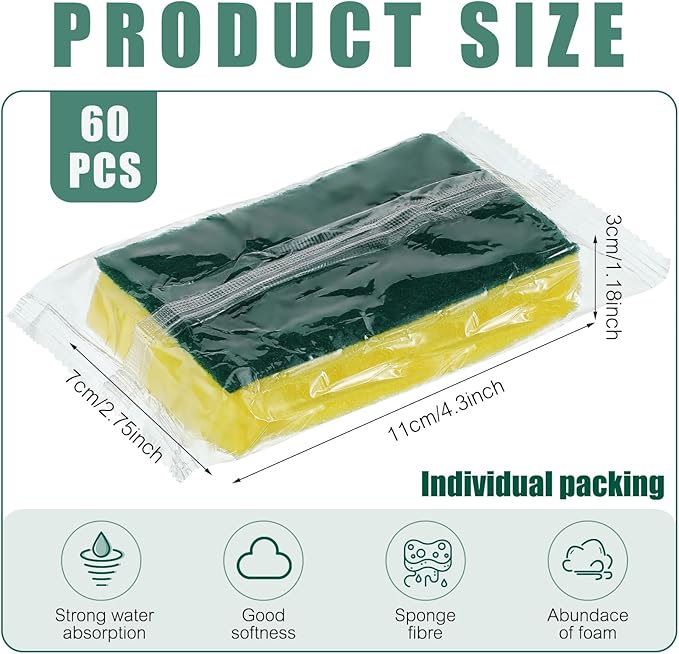 Tanlade 60 Pcs Individually Wrapped Sponge Dishwashing Sponge Bulk Non Scratch Scrub Sponges Kitchen Scouring Pad for Household Cleaning Rental Dishes Hotel Apartment Car (Yellow,Green)