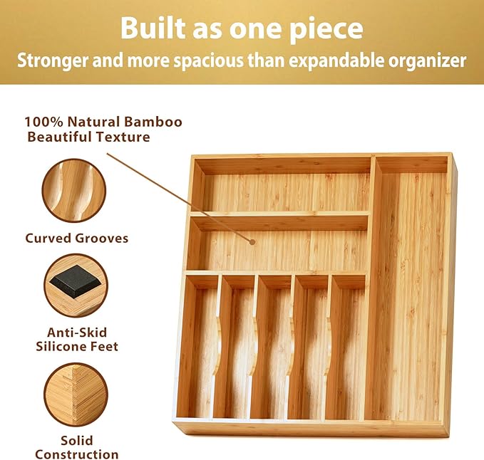 Umilife Large Kitchen Drawer Organizer, 19"x19" Silverware Utensils Organizer, 2.5" High for Large Deep Drawers, Bamboo Flatware Holder with Thick Frames, Sturdy Kitchen Organization Tray
