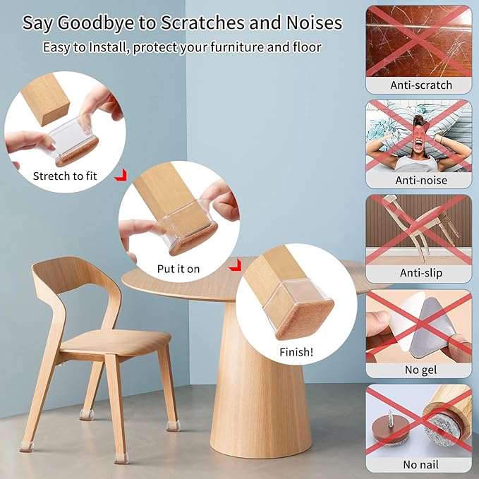 Ezprotekt 24 Pcs XL Square Clear Chair Leg Floor Protectors, Silicone Felt Furniture Pads Caps for Hardwood Floor, Dining Table Bar Stool Leg Protectors Leg Cups Covers (XL Fit: 1.5"-2")