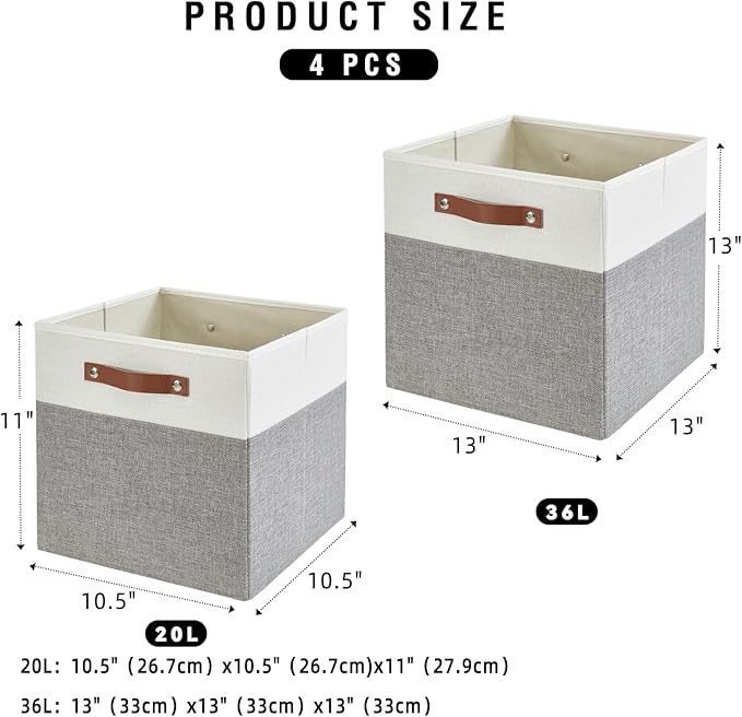 Collapsible Fabric Storage Cube Bins with 2 Reinforced PU Handles, Foldable Storage Organizer Baskets for Closet, Shelves, Living Room | 11"x11"x11", 4 Pack, Gray & White