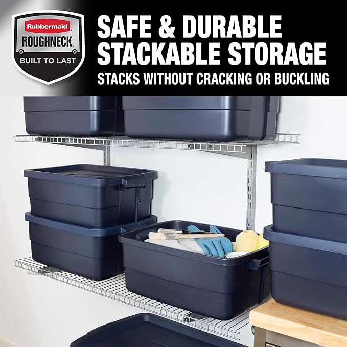Rubbermaid Roughneck Tote 10 Gal, 8 Pack, Made in USA, Dark Indigo Metallic, Rugged Plastic Stackable Storage Bins with Lids and Handles