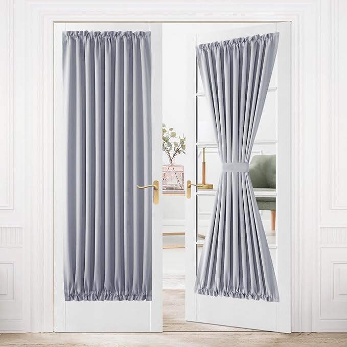 DWCN French Door Curtains – Rod Pocket Thermal Blackout Curtain for Window/Patio Doors/Doorways/Classroom/Kitchen for Privacy, 36W by 80L Inches, 1 Panel with Tieback, Silver Grey