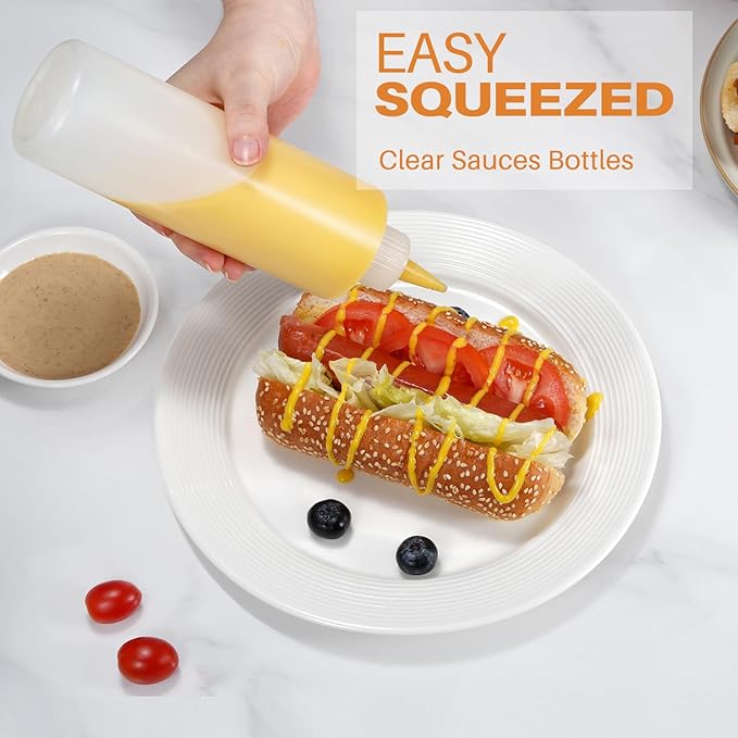 Sopito Squeeze Bottles, 16oz Plastic Condiment Squeeze Bottles with Labels & Funnels & Brusher for Liquids Sauces Ketchup Oil, 3 Pack