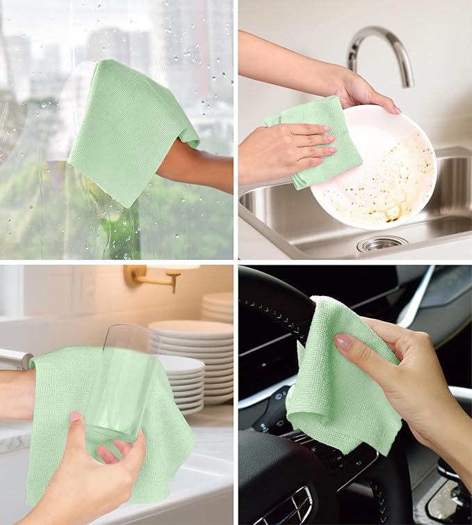 Roll of Microfiber Cleaning Cloth –100 Pack, Tear Away Microfiber Towels, Reusable, Washable, Scratch-Free, Cleaning Supplies,Kitchen Towels for Car, Home, Kitchen, Dishes(Bean Green)