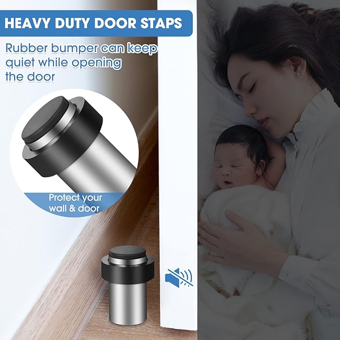 Chumia 6 Pcs Door Stopper Mounted Floor Stops Stainless Steel Cylindrical Stopper Modern Decorative Rubber Bumper Stops Holder Wall Protector for Bottom or Top of Door (Silver)