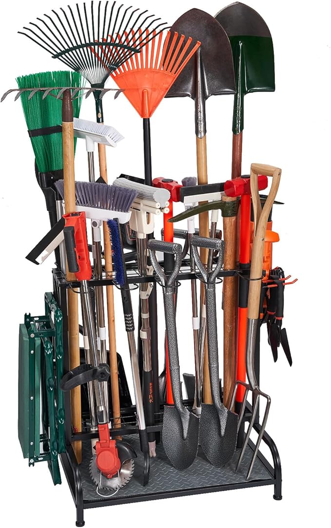 Garden Tool Organizer, Yard Tools Rack Holds 55 Long-Handled Tools/Rakes/Brooms for Garage Organization and Storage, Shed, Outdoor, Lawn, Heavy-Duty Steel, Black, Easy Assembly