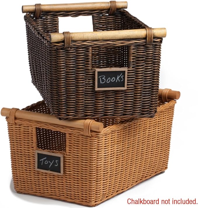 The Basket Lady Pole Handle Wicker Storage Basket, Large, 18 in L x 14.5 in W x 9 in H, Antique Walnut Brown