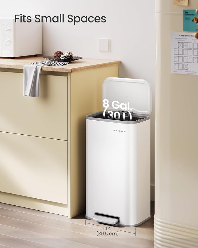 SONGMICS Kitchen Trash Can, 8-Gallon (30 L) Garbage Can with Lid, Stainless Steel, Soft Close and Stays Open, Inner Bucket, Wide Non-Slip Pedal, Cloud White ULTB546W01