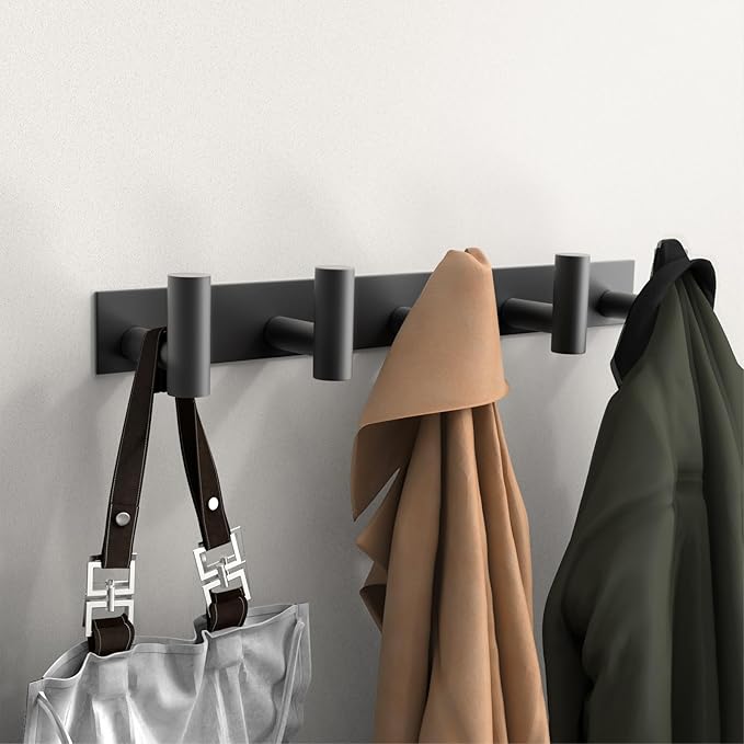 PMMASTO Coat Rack Wall Mounted, 5 "T Shaped Wall Hooks for Hanging, Heavy Duty Stainless Steel Coat Hook Rail for Hat Towel Robes in Bathroom Kitchen Mudroom Entryway (Black, 1 Pack)