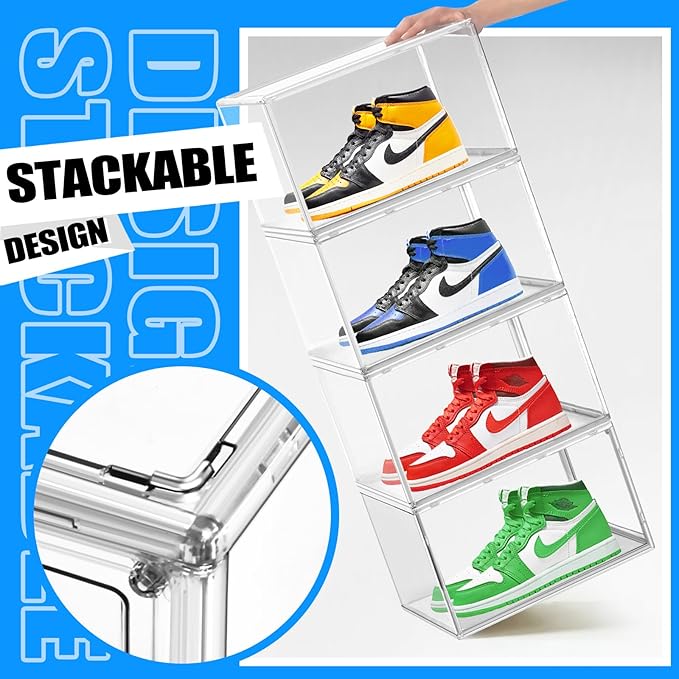 Acrylic Shoe Boxes Sneaker Storage for Sneakerheads Size 13 Clear Plastic Stackable Boot Shoe Collectibles Display Case