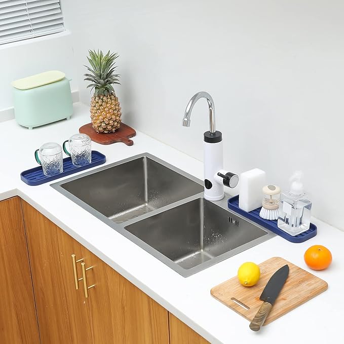 Silicone Kitchen Sink Organizer Tray for Multiple Usage,Eco-Friendly Sponges Holder for Kitchen Bathroom Counter or Sink,Dish Soap Dispenser,Scrubber,Bottle,Cup (Navy Blue, 12"×4")