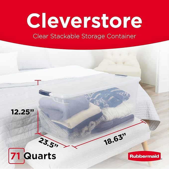 Rubbermaid Cleverstore 74 Qt Clear Storage Bins with Lids, 4-Pack, Stackable, BPA-Free, Made in USA