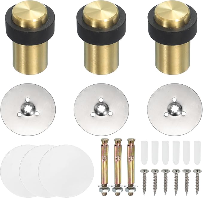 PATIKIL 3Set Round Door Stoppers, 60mm Stainless Steel Door Stop Doorstop Wedge Metal Cylinder Self Adhesive with Screw for Bottom of Door Floor Inside, Gray