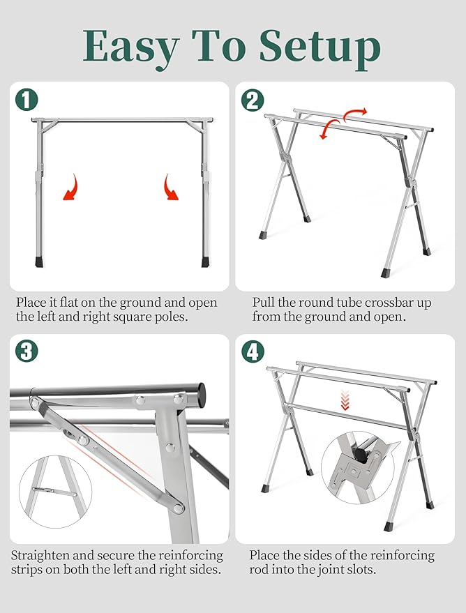 63 Inches Heavy - Duty Stainless Steel Folding Clothes Drying Rack - Indoor/Outdoor Use, Anti-Rust, 20 Windproof Hooks, Portable & Foldable (63'')