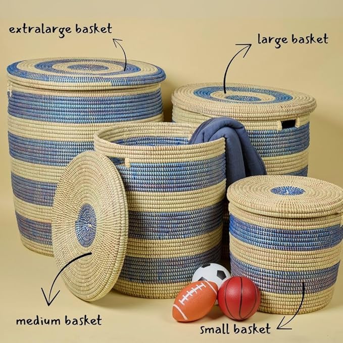 Storage & Organization - Laundry Basket, Bedroom Hamper, Nursery Toys Bin, Living Room Blankets Storage, Decorative, Wicker, Sturdy, Round, Handles, Woven, Blue Beige (Medium)