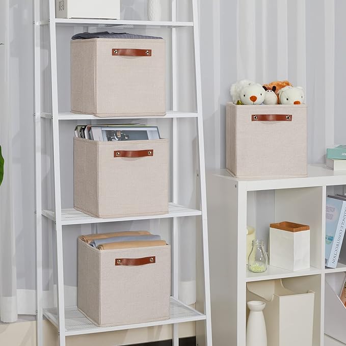 Temary 11x11 Storage Cubes Fabric Storage Cubes Storage Bins with Dual Leather Handles Canvas Storage Boxes for Organizing Home, Shelf, Closet (Beige, 11 x 11 x 11)