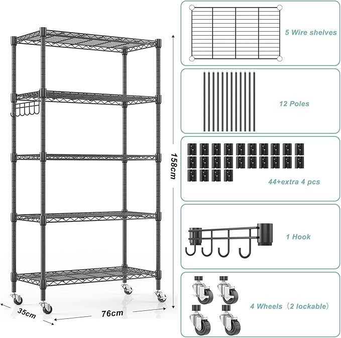 Himimi 5-Tier Storage Shelf Wire Shelving Unit on Wheels Heavy Duty Metal Shelves Adjustable Steel Rack Organization for Kitchen Garage Basement, Black