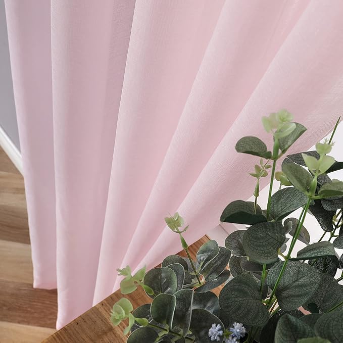 Tollpiz Short Sheer Curtain Linen Textured Living Room Curtains Sheer Light Filtering Rod Pocket Voile Curtain for Bedroom, 42 x 54 inches Long, Pink, Set of 2 Panels