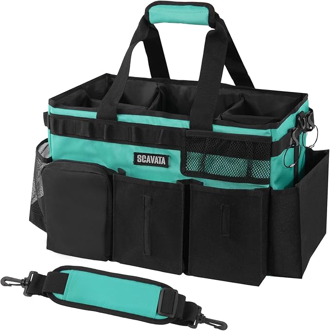 Wearable Cleaning Caddy Bag, Cleaning Caddy Supplies Organizer with Handle & Shoulder Straps for Housekeepers, Under Sink & Car Cleaning Tool Organizers with 4 Foldable Divider (Lake Blue)