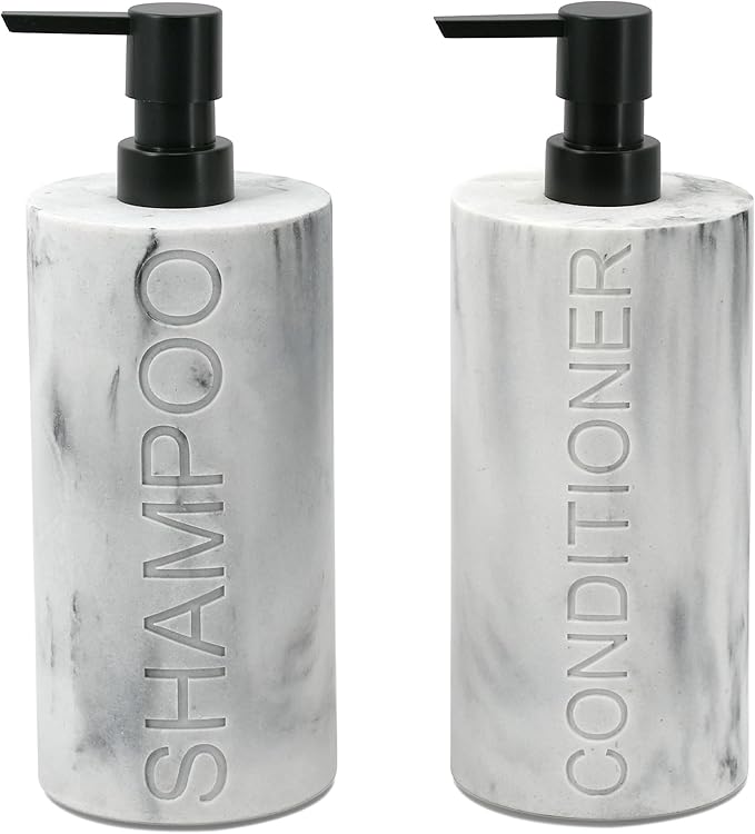 Marble Resin 2 Piece Shampoo and Conditioner Dispenser Set, Luxurious Refillable Pump Bottles with Matte Pump Top and Embossed Text, Durable Design for Bathroom and Shower