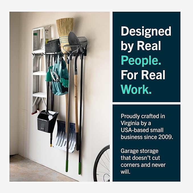 StoreYourBoard Wall-Mounted Rack With 4 Garage Hooks – Heavy-Duty Steel Holder Garage & Garden Storage for Shed, Workshop, or Home Organization – For Rakes, Shovels, Tools & More – 2 Pack, Black