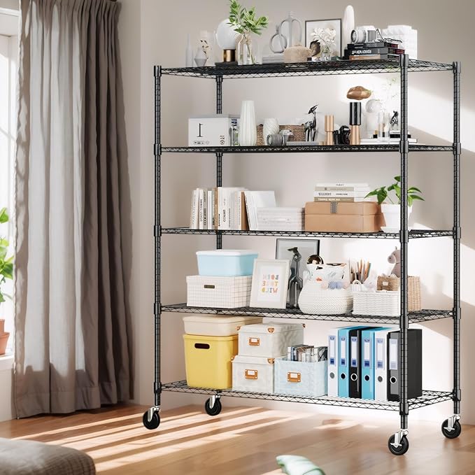 Himimi 5 Tier Wire Shelving with Wheels Heavy Duty Height Adjustable Metal Shelves for Storage, Commercial Grade Steel Utility Wire Rack for Kitchen Garage Pantry Organization-24×48×82, Black