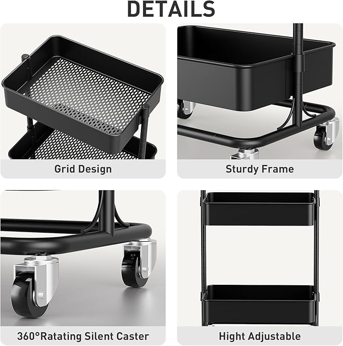 3 Tier Modern Metal Rolling Tool Cart with Silent Casters, 15.35x11.81x23.74 inch Heavy Duty Organization Truck Trolley Organizer for Office, Living Room, Kitchen, (Black)