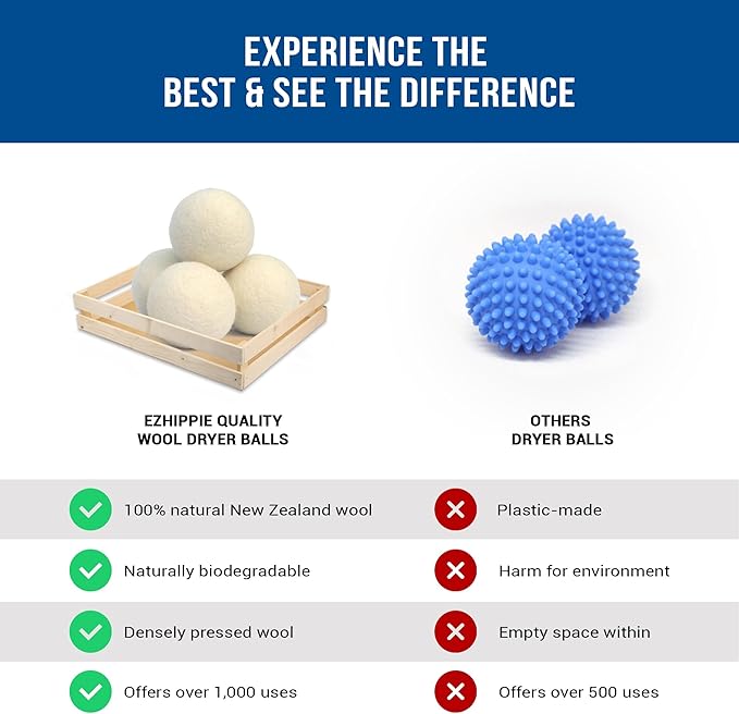Ezhippie Quality Wool Dryer Balls - 6 XL Pack - 1000+ Loads - Pure Organic Wool - Reusable Natural Fabric Softener Perfect with Essential Oils, Reduce Clothing Static and Wrinkles