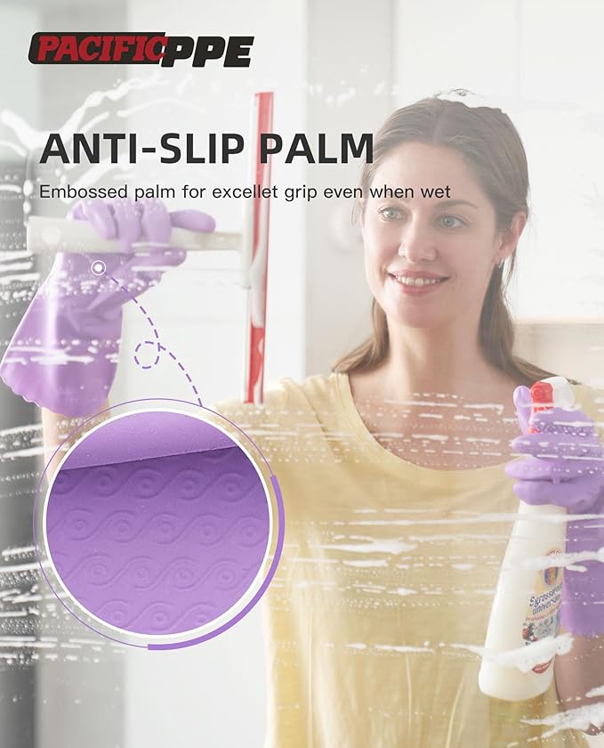 PACIFIC PPE 2 Pairs Reusable Dishwashing Cleaning Gloves with Latex Free, Cotton Lining, Kitchen Gloves, Purple, Medium