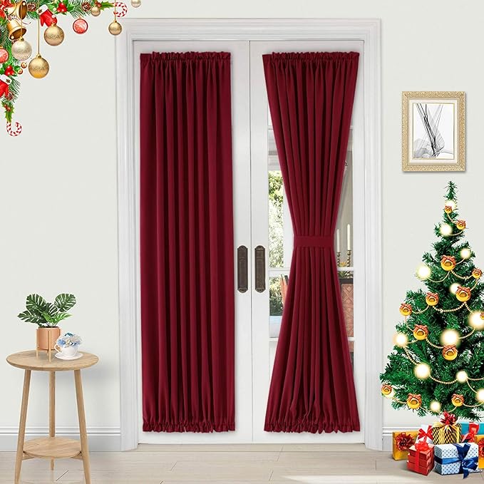 DWCN French Door Curtains – Rod Pocket Thermal Blackout Curtain for Doors with Glass Window, Christmas, Kitchen and Patio Doors for Privacy, 25 X 72 Inches, 1 Curtain Panel with Tieback, Burgundy