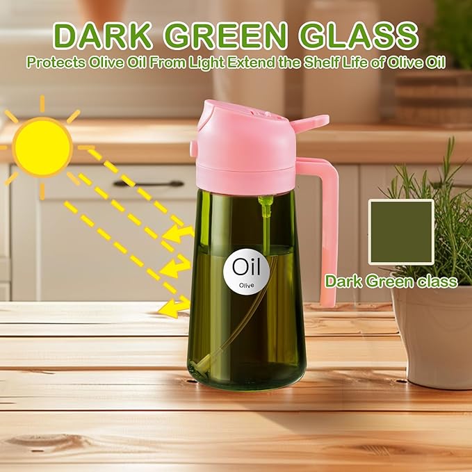 YARRAMATE 2Pcs 16oz/470ml Dark Green Oil Sprayer for Cooking with Stickers, Food-grade Premium 2 in 1 Olive Oil Dispenser Bottle for Kitchen Gadgets, Air Fryer, Salad, Frying, BBQ (Pink&Black)